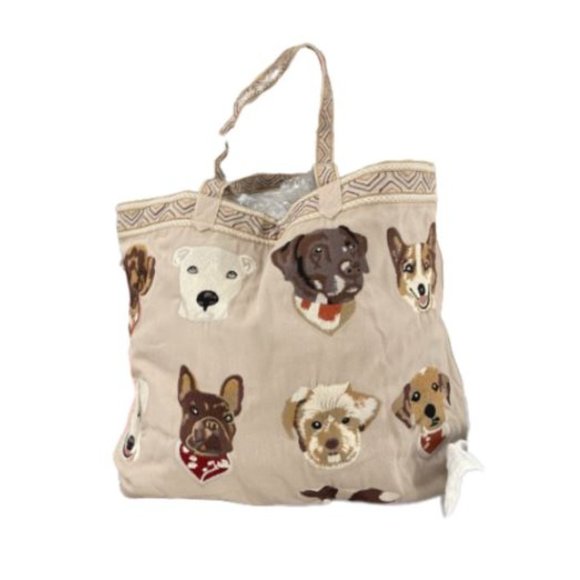 Johnny Was Casper Linen Tote Bag Dogs Ivory Handbag Pet Dog Bag New - Picture 2 of 4